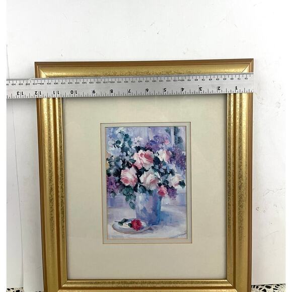 VTG Pink Roses In Vase Penny Dermand Print Wall Decor Hanging Framed 12"x15" - Picture 4 of 9